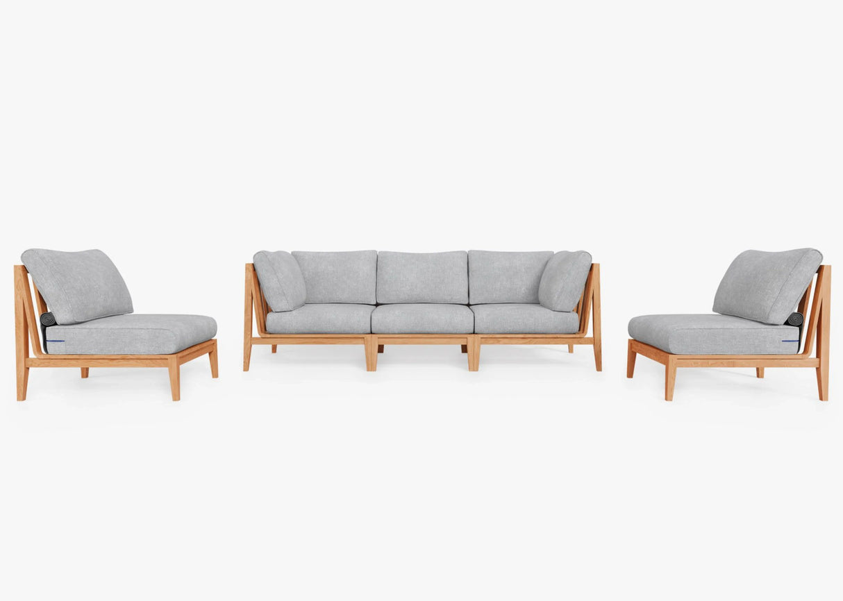 The Teak Outdoor Sofa with Armless Chairs, featuring a five-seat gray cushioned sofa and two coordinating chairs with elegant wooden frames, is stylishly showcased on a white background.
