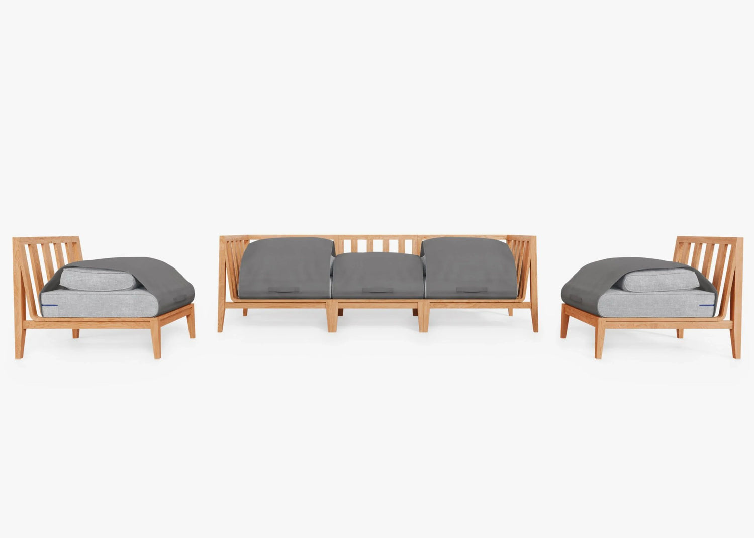 The Teak Outdoor Sofa with Armless Chairs - Five Seat includes a three-seater sofa and two single chairs. Each piece comes with gray cushions and slatted backs, all set against a plain white background.