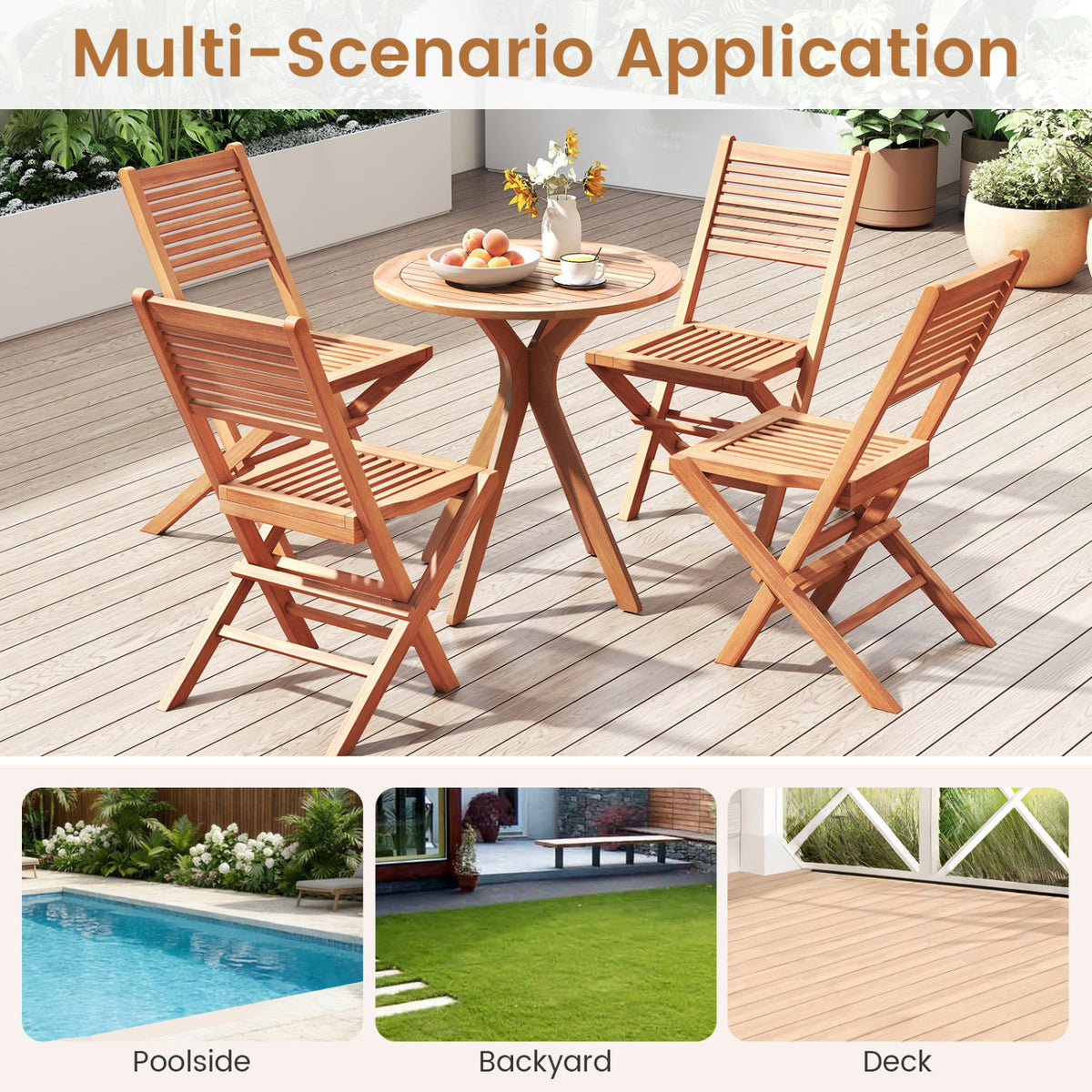 Teak Wood Folding Patio Chairs Set of 2 with Slatted Seat & Portable Design for Deck