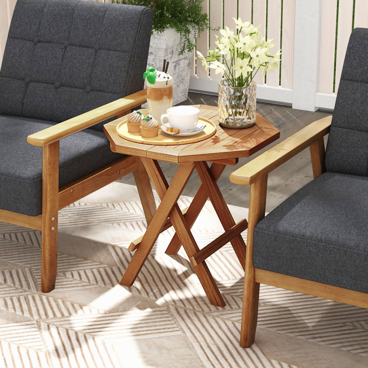 Teak Wood Octagon Coffee Table with X-shaped Legs and Slatted Tabletop