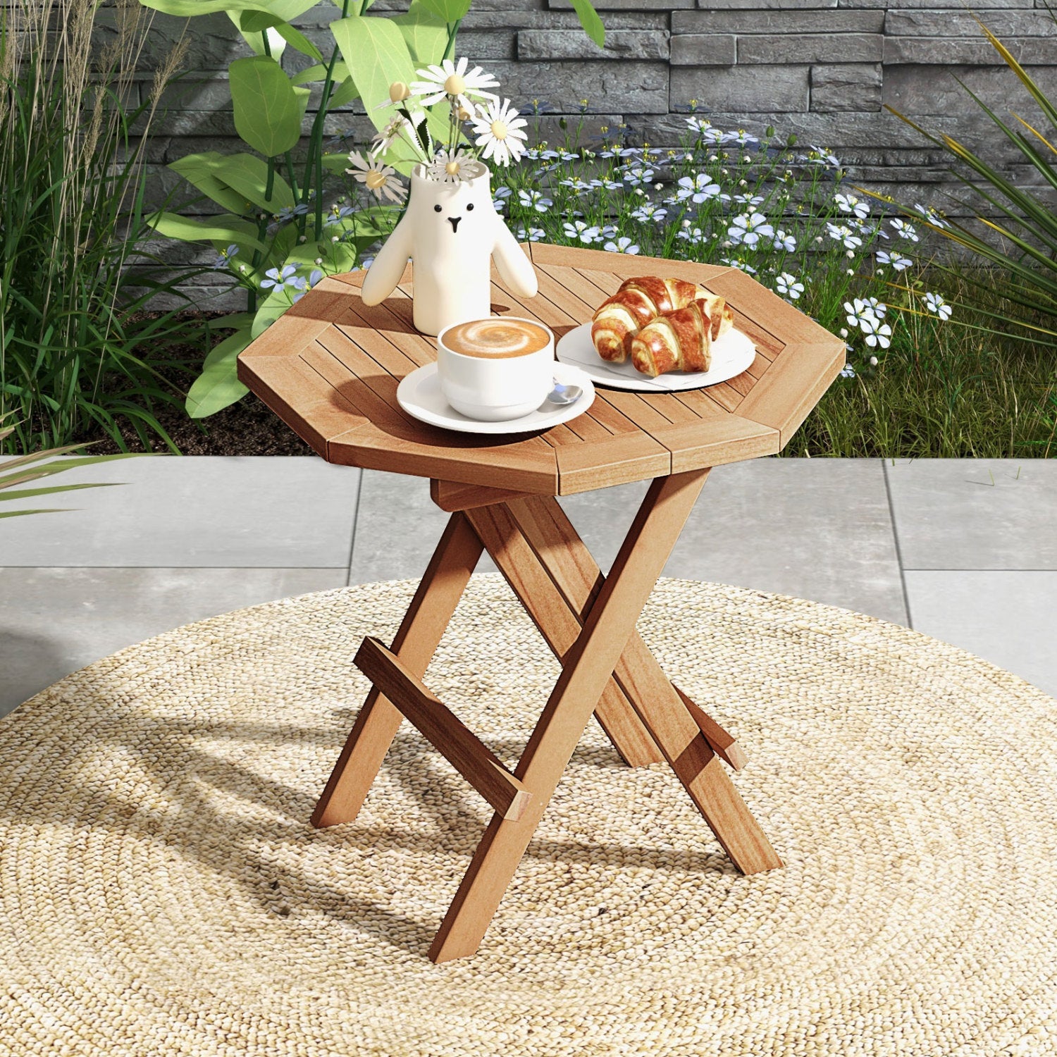Teak Wood Octagon Coffee Table with X-shaped Legs and Slatted Tabletop