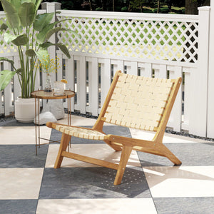 Teak Wood Patio Chair Armless with Webbing Seat and Backrest-Natural