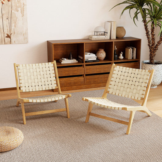 Teak Wood Patio Chair Armless with Webbing Seat and Backrest-Natural