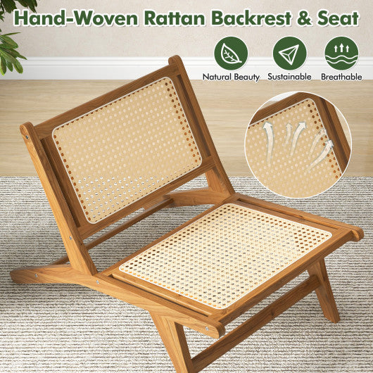 Teak Wooden Chair with Handwoven Rattan Seat and Backrest