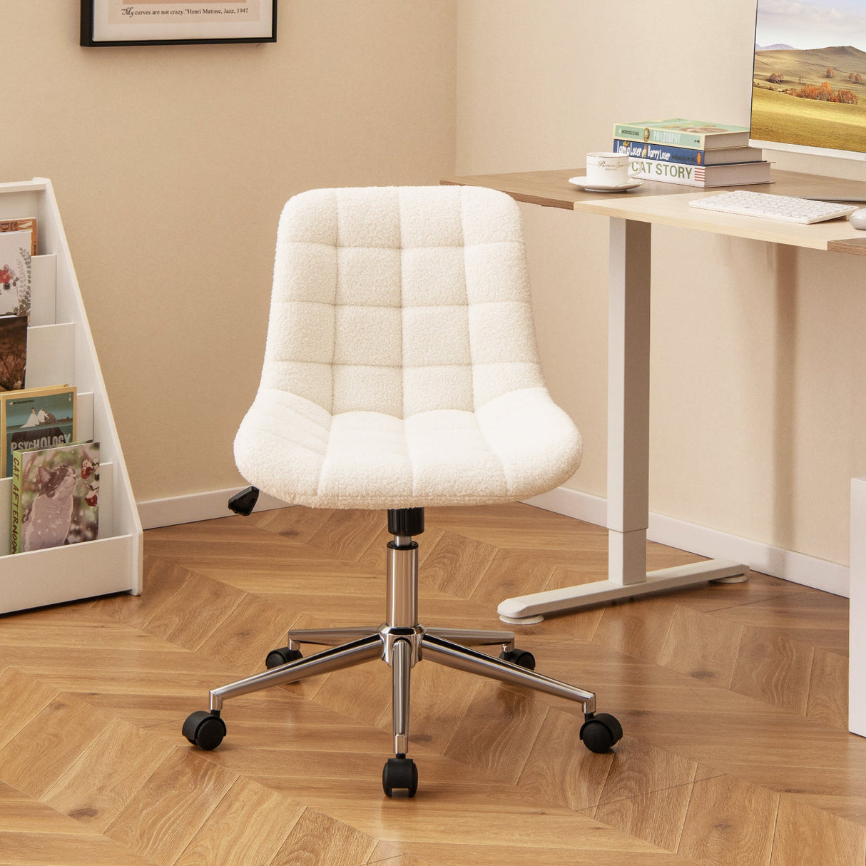 Teddy Fleece Armless Office Chair Makeup Vanity Chair-White by DirectDeals