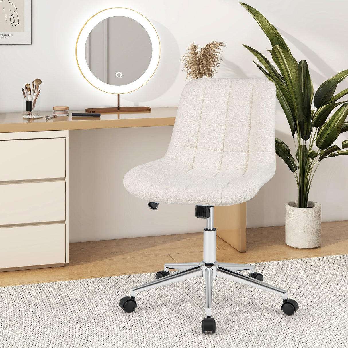 Teddy Fleece Armless Office Chair Makeup Vanity Chair-White by DirectDeals