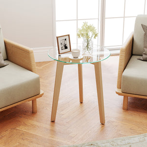 Tempered Glass End Table Round with Solid Rubber Wood Structure-1 Piece