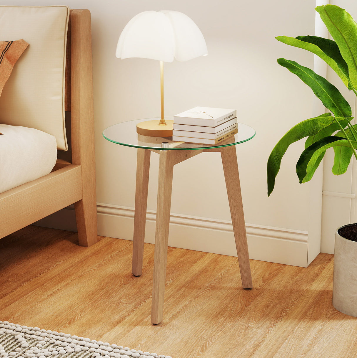 Tempered Glass End Table Round with Solid Rubber Wood Structure-1 Piece