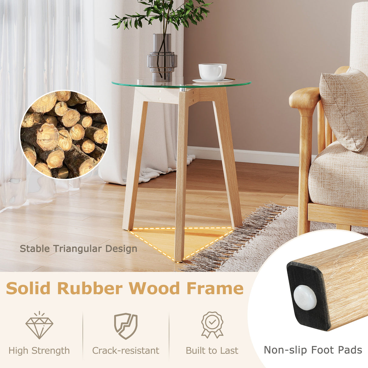 Tempered Glass End Table Round with Solid Rubber Wood Structure-1 Piece