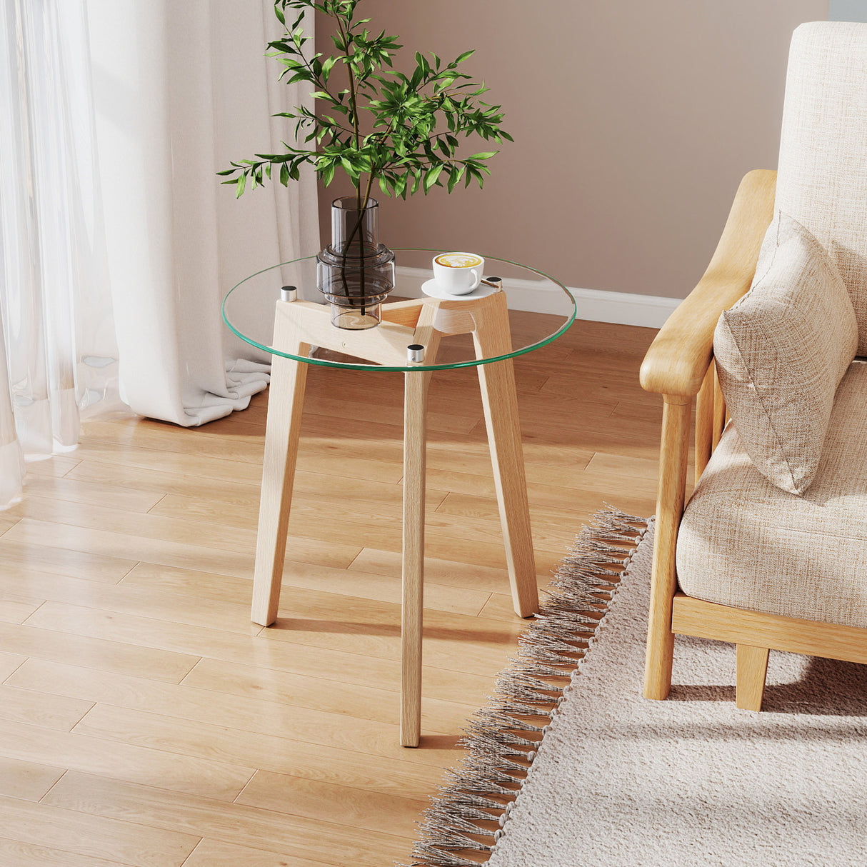Tempered Glass End Table Round with Solid Rubber Wood Structure-Set of 2