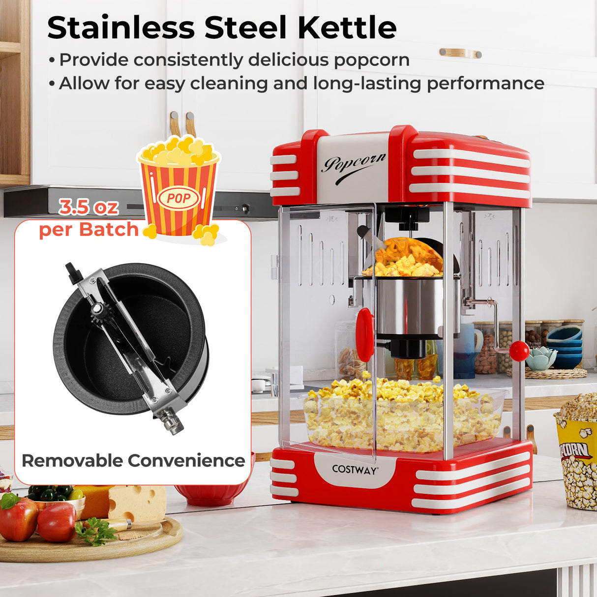 Theater Style Countertop Popcorn Maker with Stainless Steel Kettle-Red