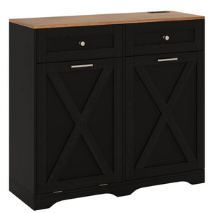 Tilt Out Trash Can Cabinet with Outlets and Adjustable Shelf-Black