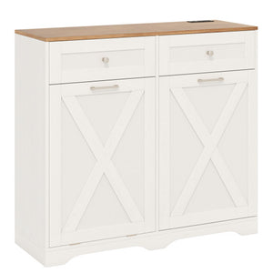 Tilt Out Trash Can Cabinet with Outlets and Adjustable Shelf-White