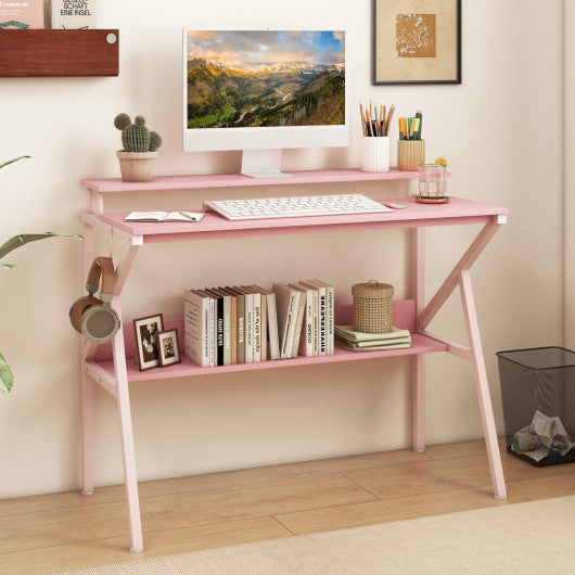 Space Saving Computer Desk with Monitor Stand and Extra Storage Shelf for Work Study-Pink