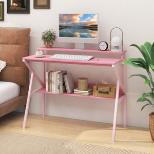 Space Saving Computer Desk with Monitor Stand and Extra Storage Shelf for Work Study-Pink