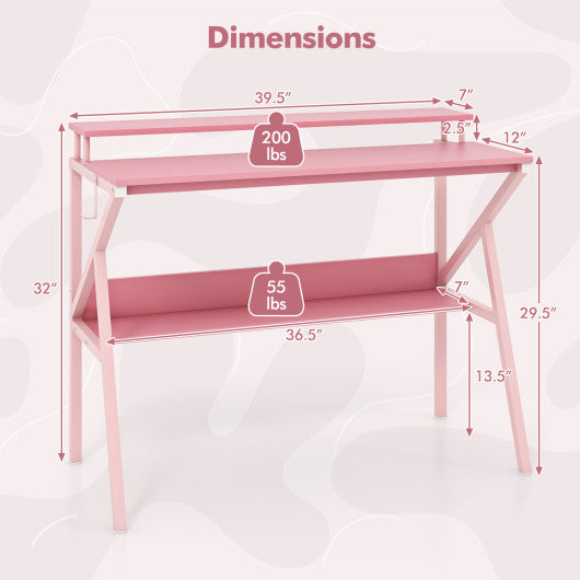 Space Saving Computer Desk with Monitor Stand and Extra Storage Shelf for Work Study-Pink