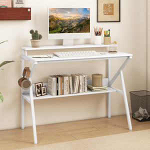 Space Saving Computer Desk with Monitor Stand and Extra Storage Shelf for Work Study-White