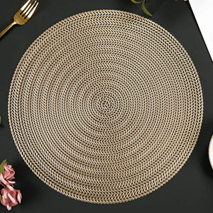 Mabbcoo Round Placemats Set of 4 15 Inch Vinyl Placemats Hollow Out Washable and Wipeable Gold Circle Place Mats Dining Table Mats for Anniversary Dinner Kitchen Decorations
