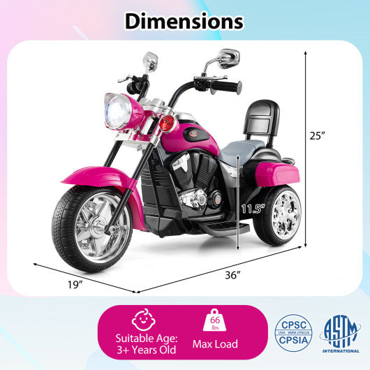 6V Powered Toddler 3-Wheel Motorbike Ride On Toy with Horn and Headlight-Hot Pink