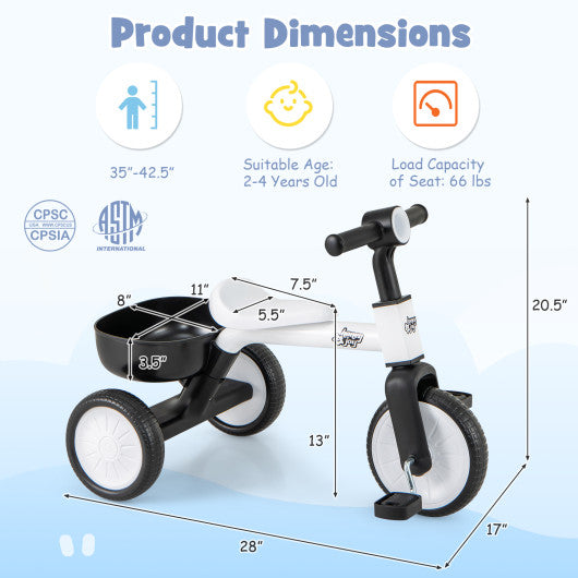 Toddler Convertible Trike with 86 ° Limited Steering Angle and Carbon Steel Frame-White