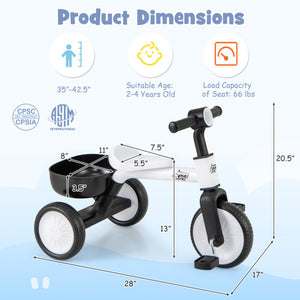 Toddler Convertible Trike with 86 ° Limited Steering Angle and Carbon Steel Frame-White