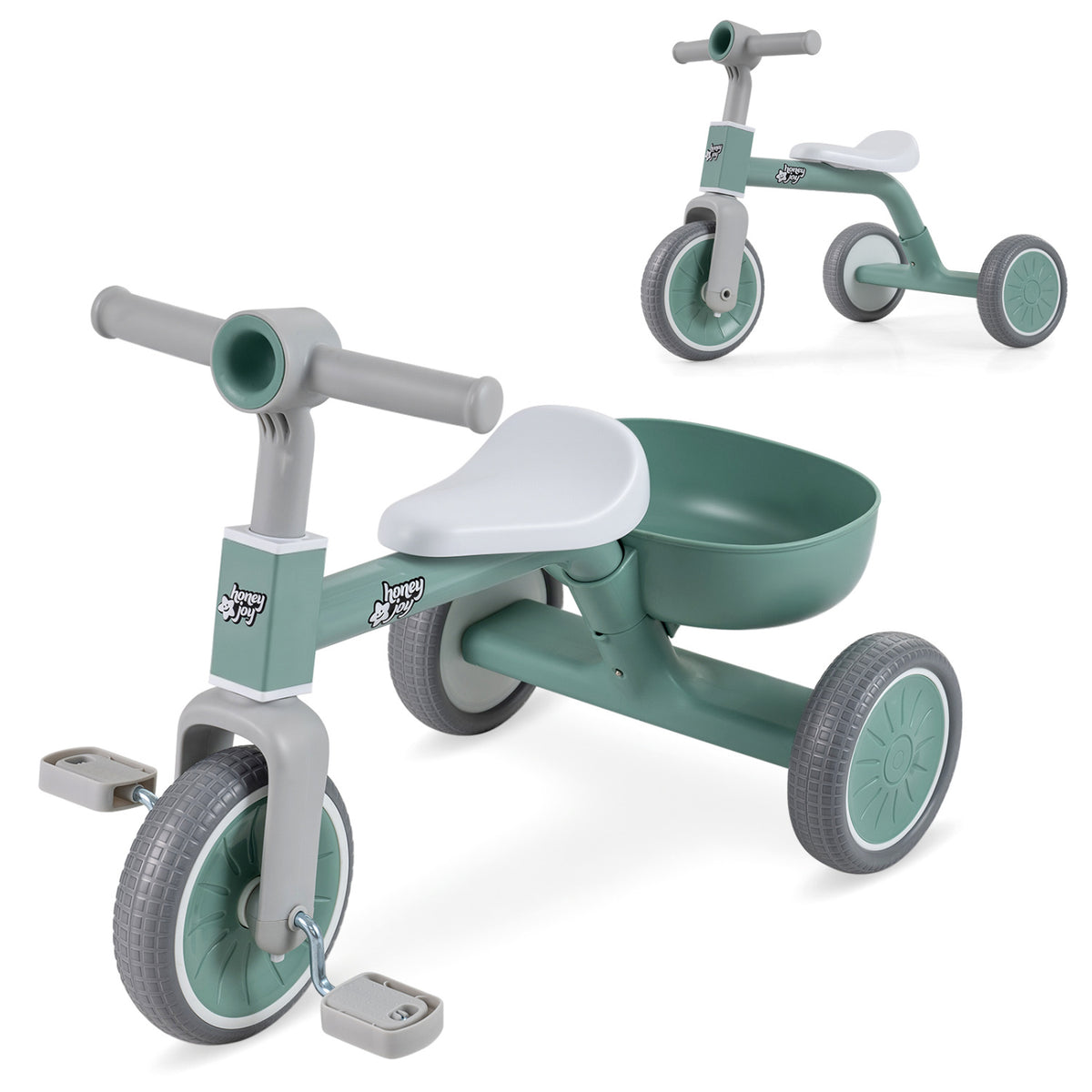Toddler Convertible Trike with 86Â° Limited Steering Angle and Carbon Steel Frame-Green