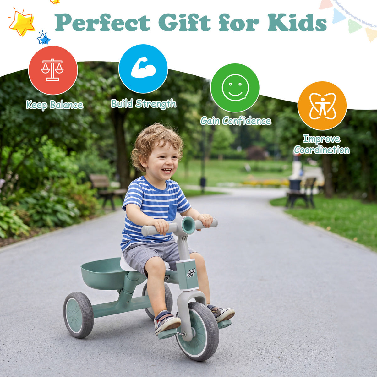 Toddler Convertible Trike with 86Â° Limited Steering Angle and Carbon Steel Frame-Green