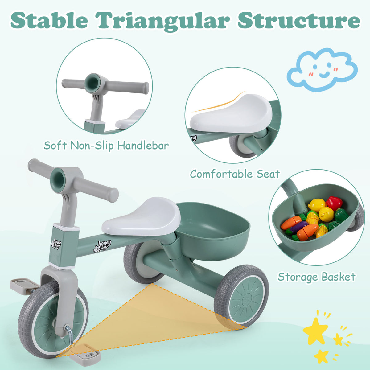 Toddler Convertible Trike with 86Â° Limited Steering Angle and Carbon Steel Frame-Green