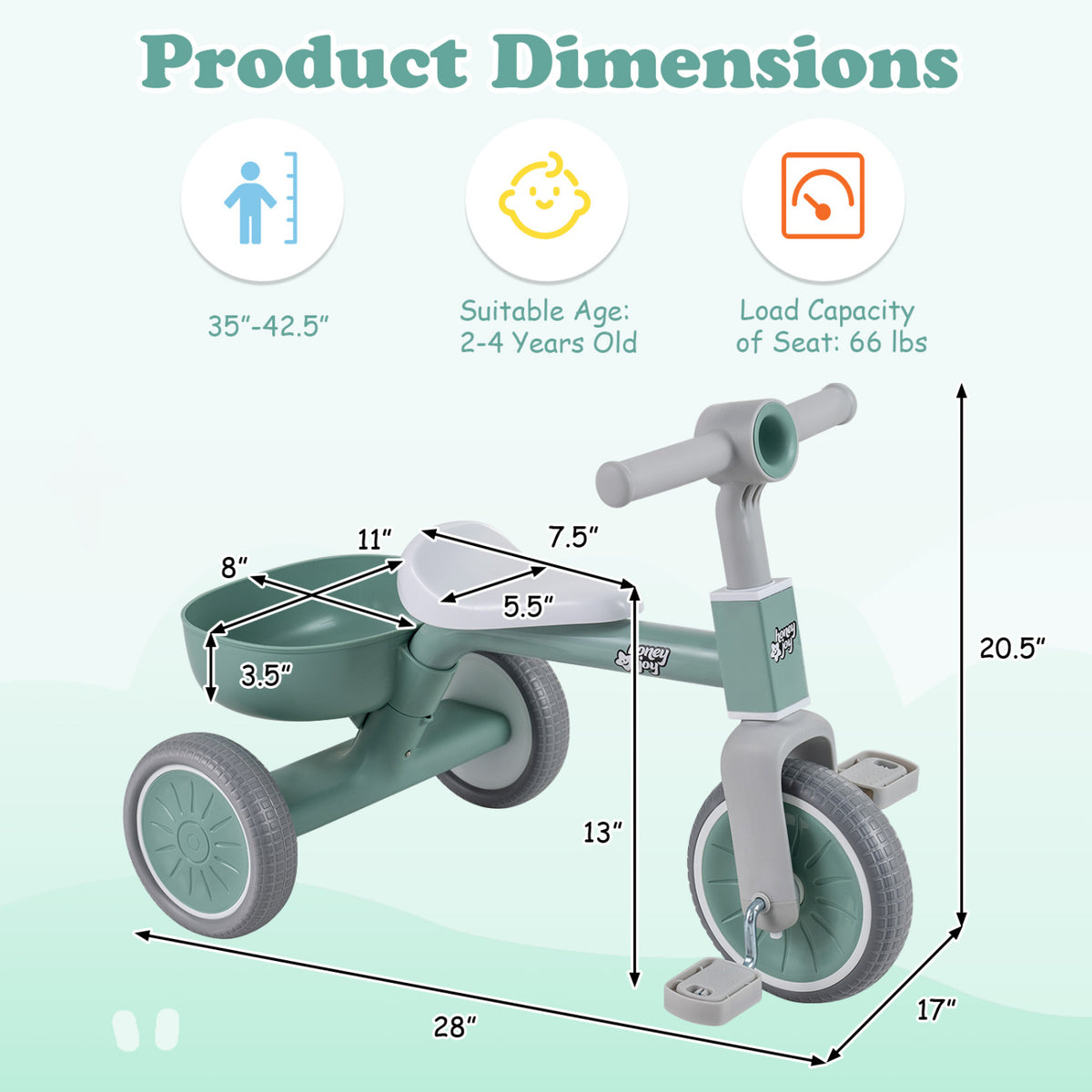 Toddler Convertible Trike with 86Â° Limited Steering Angle and Carbon Steel Frame-Green