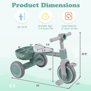 Toddler Convertible Trike with 86Â° Limited Steering Angle and Carbon Steel Frame-Green