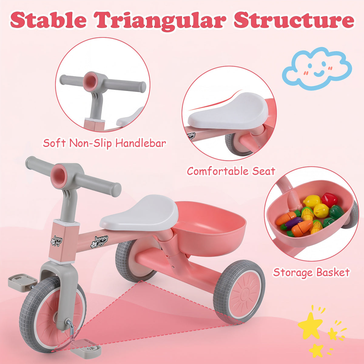 Toddler Convertible Trike with 86Â° Limited Steering Angle and Carbon Steel Frame-Pink