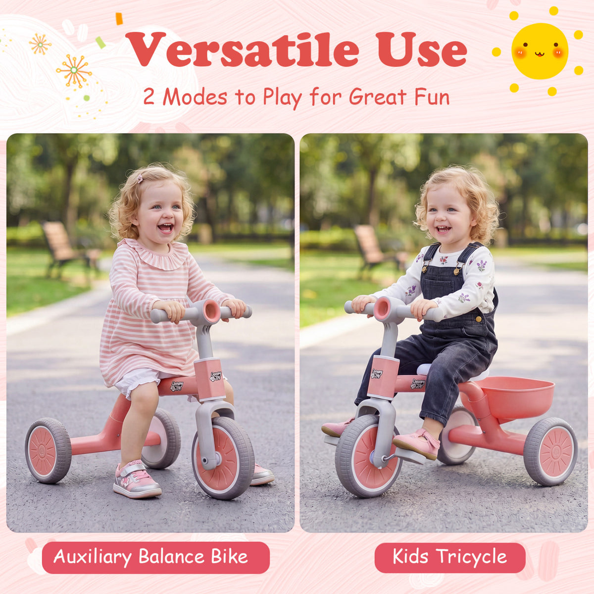 Toddler Convertible Trike with 86Â° Limited Steering Angle and Carbon Steel Frame-Pink
