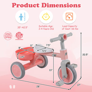 Toddler Convertible Trike with 86Â° Limited Steering Angle and Carbon Steel Frame-Pink