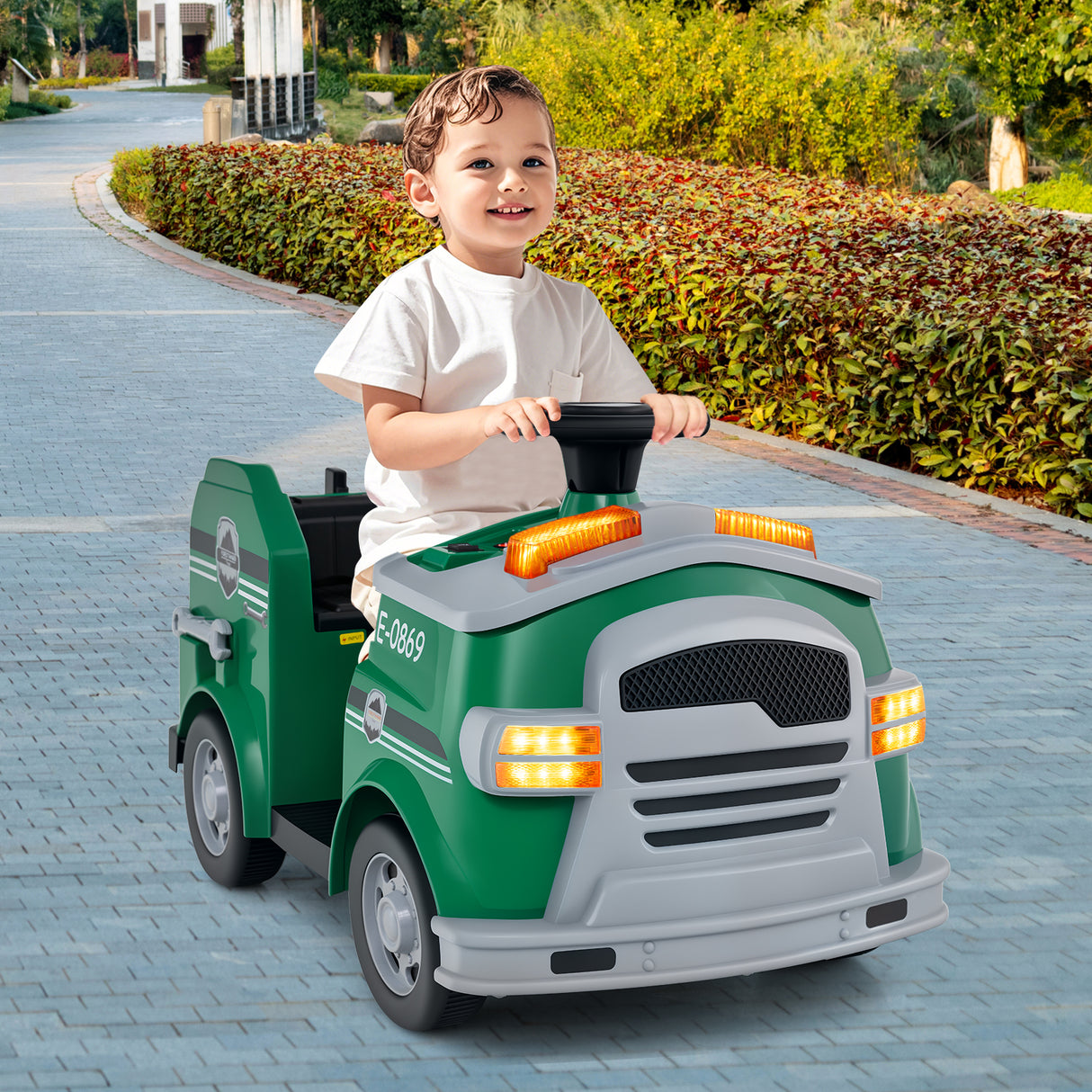 12V Toddler Fire Toy Car with Shovel and Wrench for Ages 37-95 Months-Green