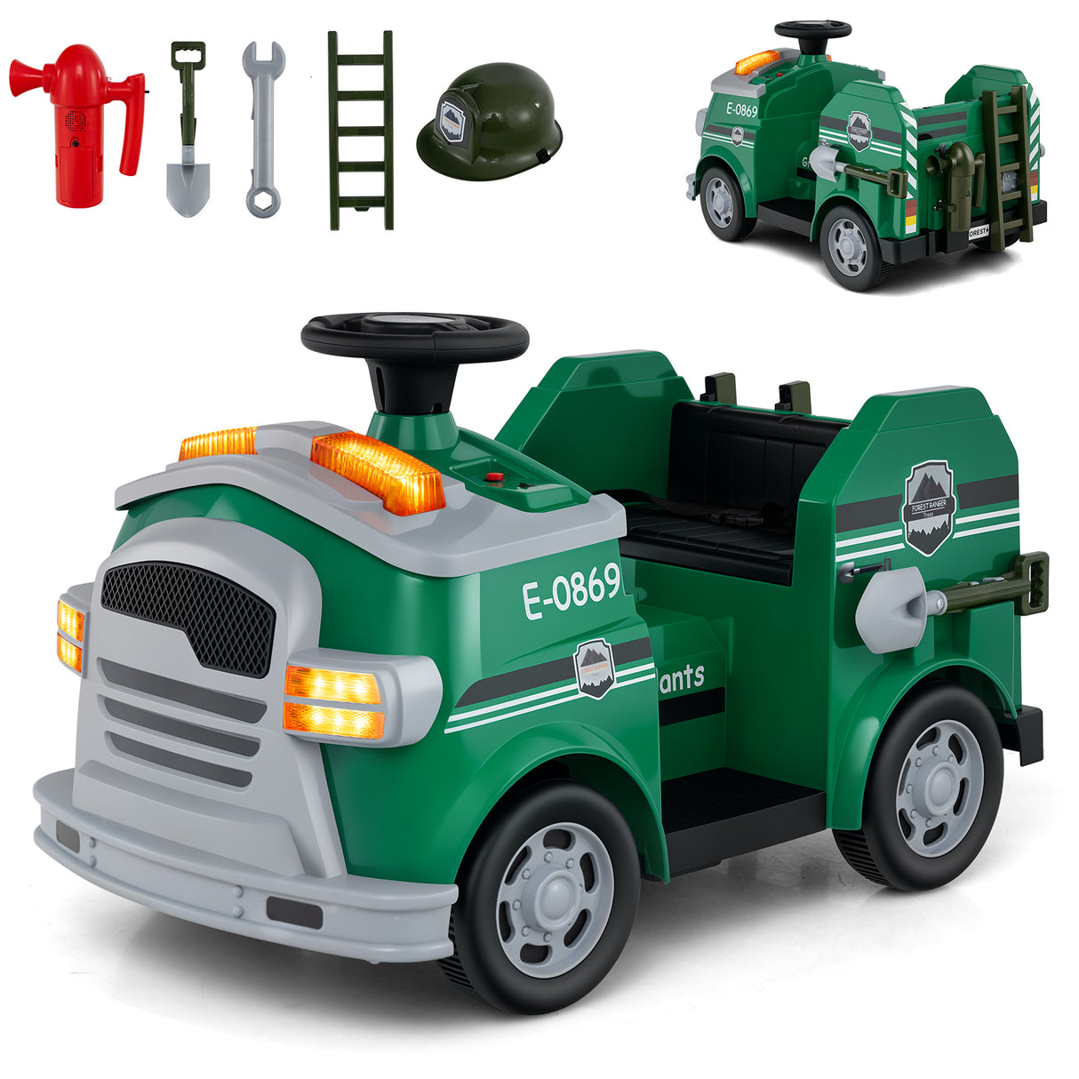 12V Toddler Fire Toy Car with Shovel and Wrench for Ages 37-95 Months-Green