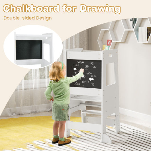 Toddler Kitchen Step Stool with Activity Chalkboard and Adjustable Height-White