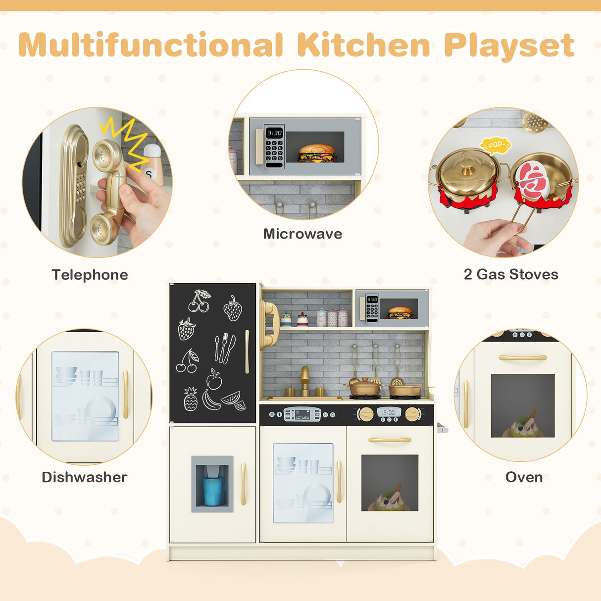 Toddler Pretend Play Kitchen for Boys and Girls 3-6 Years Old-Cream White