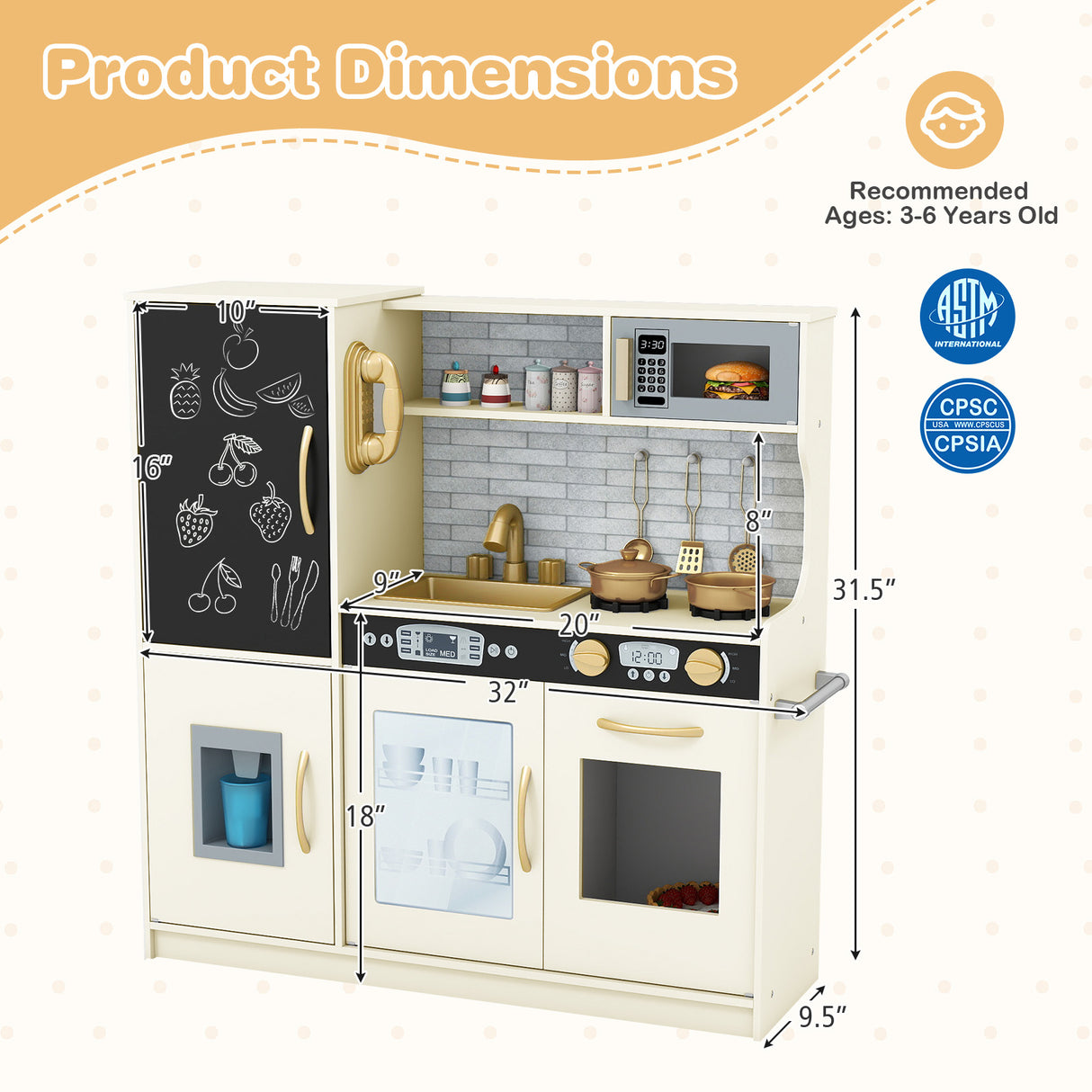 Toddler Pretend Play Kitchen for Boys and Girls 3-6 Years Old-Cream White