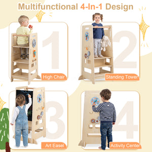 Toddler Standing Tower with Adjustable Height and Blackboard-Natural