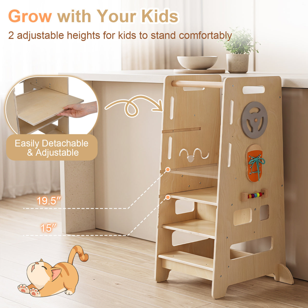 Toddler Standing Tower with Adjustable Height and Blackboard-Natural