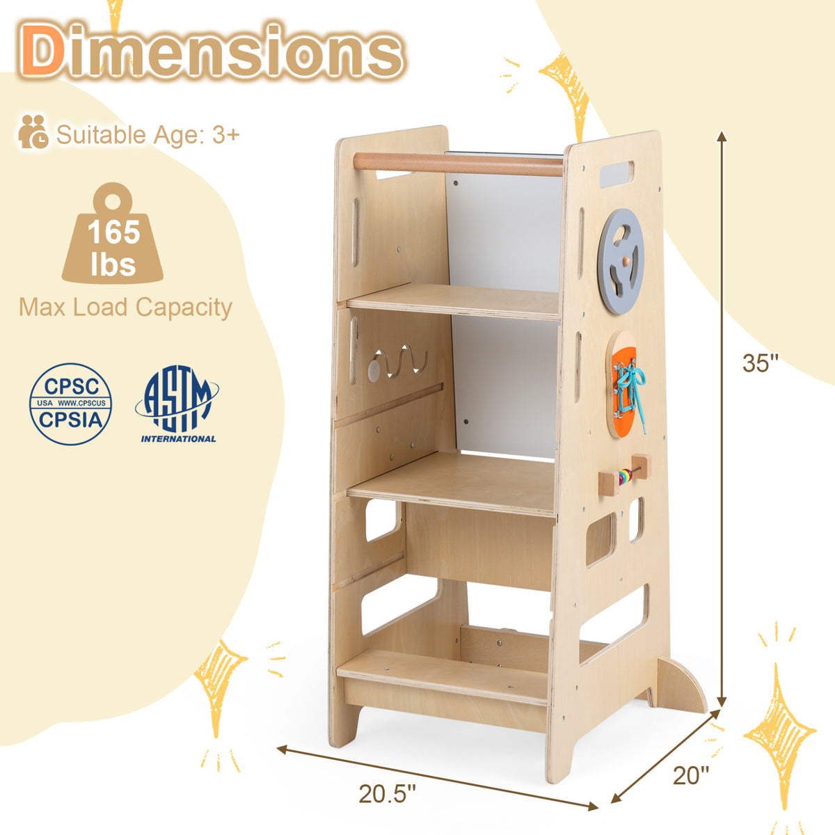 Toddler Standing Tower with Adjustable Height and Blackboard-Natural