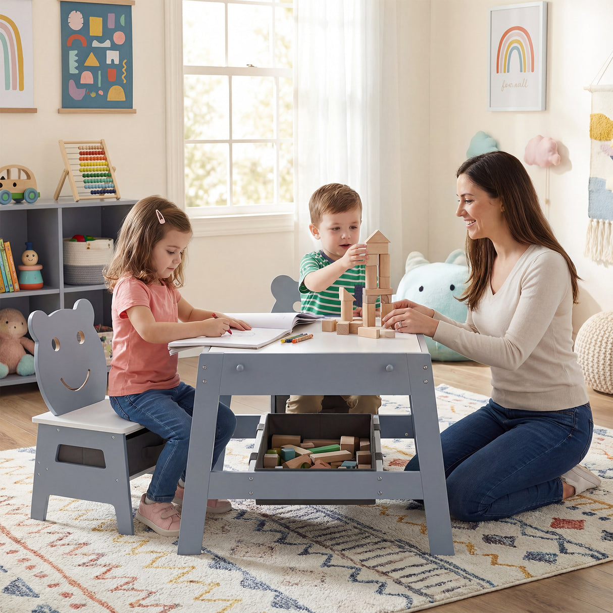Toddler Table and 2 Chairs 5-in-1 Cute Art Desk Set with Reversible Chalkboard Whiteboard-Grey