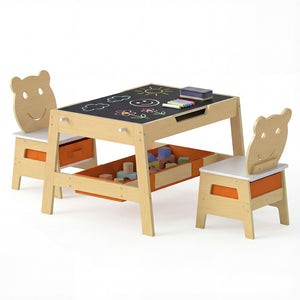 Toddler Table and 2 Chairs 5-in-1 Cute Art Desk Set with Reversible Chalkboard Whiteboard-Natural