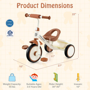 Toddler Tricycle Kids Trike with Adjustable Seat and Basket Aged 3-5 Years Old-Beige