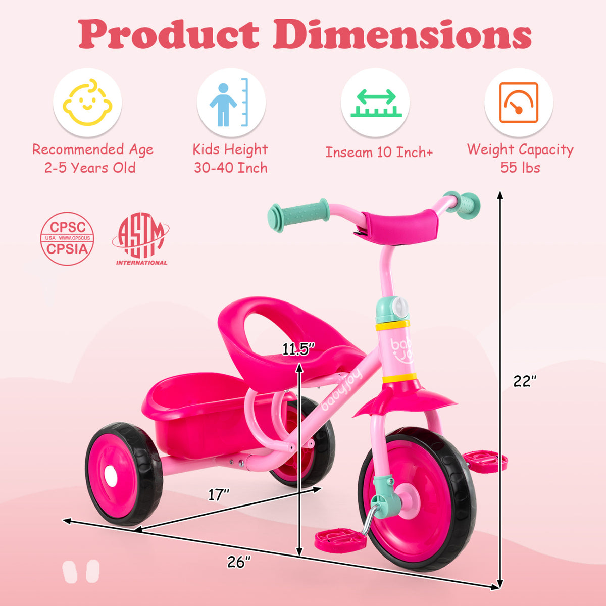 Toddler Tricycle for Boys and Girls 2-5 Years Old  with Removable Rear Storage Basket-Pink