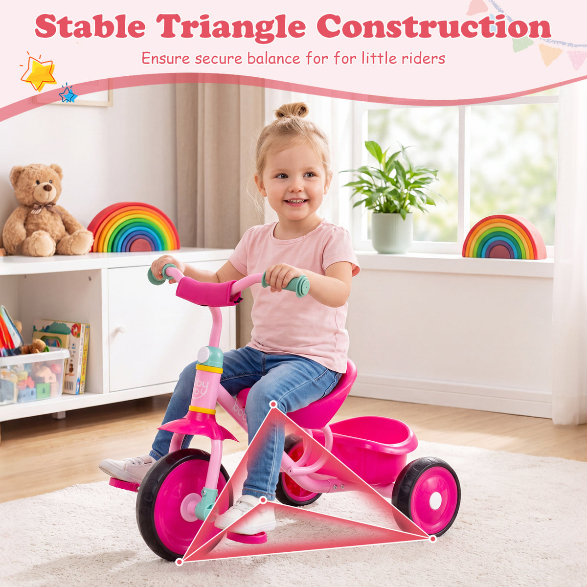 Toddler Tricycle for Boys and Girls 2-5 Years Old  with Removable Rear Storage Basket-Pink