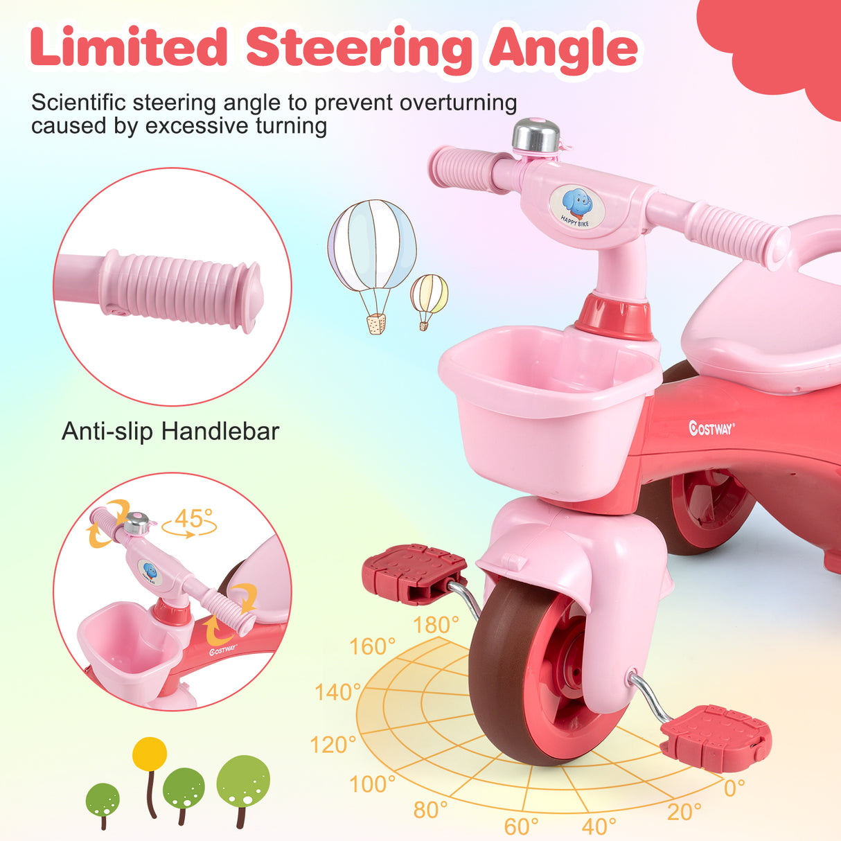 Toddler Tricycle with Limited Steering with Front Baskets and Bell-Pink