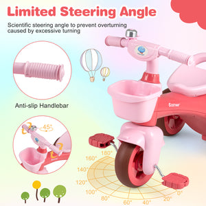 Toddler Tricycle with Limited Steering with Front Baskets and Bell-Pink