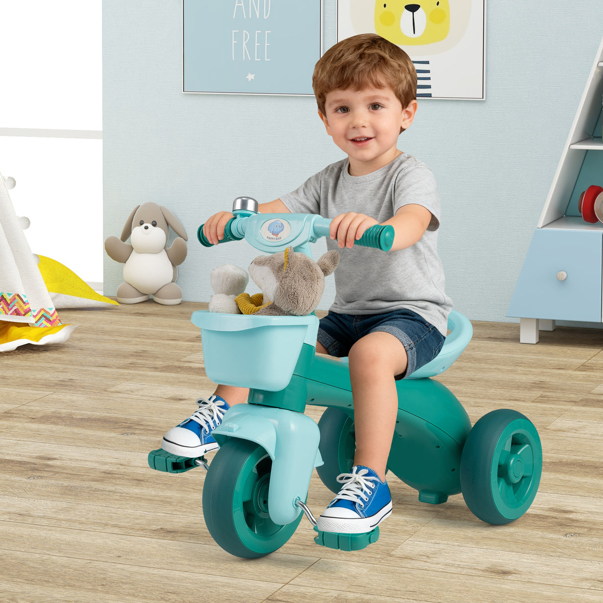 Toddler Tricycle with Limited Steering with Front Baskets and Bell-Green