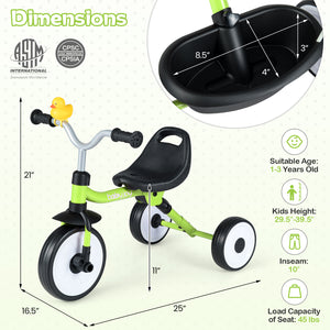 Toddler Tricycle with 3-Position Seat and Storage Basket for Kids-Green